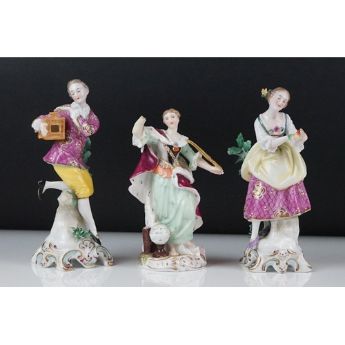 68 - Two 18th Century Chelsea Porcelain figures to include an 18th century gentleman holding a pigeon box... 