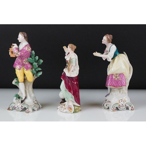 68 - Two 18th Century Chelsea Porcelain figures to include an 18th century gentleman holding a pigeon box... 