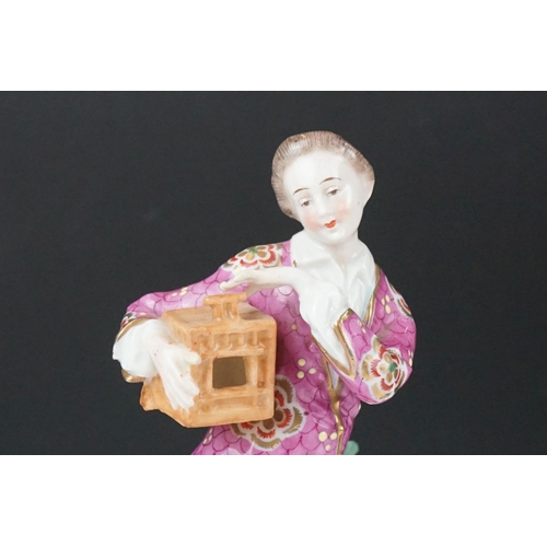 68 - Two 18th Century Chelsea Porcelain figures to include an 18th century gentleman holding a pigeon box... 