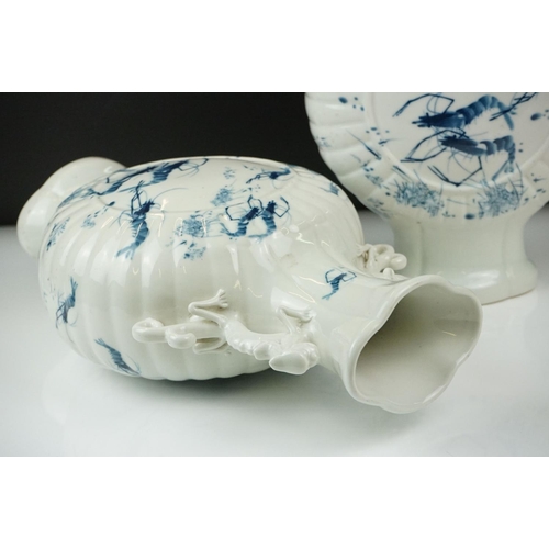 8 - Pair of Chinese Porcelain Moon Flasks, each with two dragon or qilin handles, decorated with shrimps... 