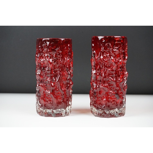 9 - Two Whitefriars Ruby Red cylindrical textured Bark vases, pattern 9689, approx 15cm and 15.5cm high ... 