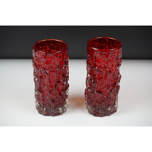 9 - Two Whitefriars Ruby Red cylindrical textured Bark vases, pattern 9689, approx 15cm and 15.5cm high ... 