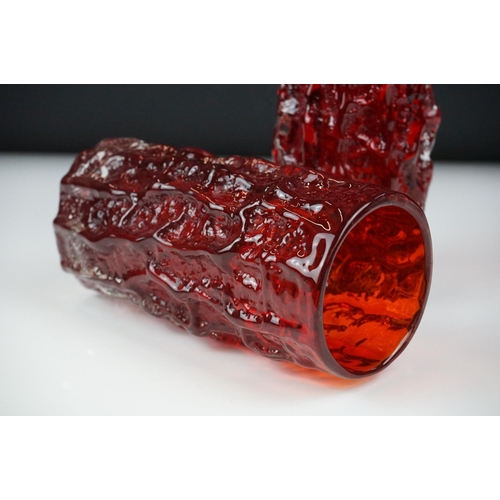 9 - Two Whitefriars Ruby Red cylindrical textured Bark vases, pattern 9689, approx 15cm and 15.5cm high ... 