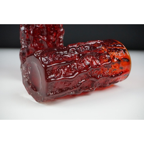 9 - Two Whitefriars Ruby Red cylindrical textured Bark vases, pattern 9689, approx 15cm and 15.5cm high ... 