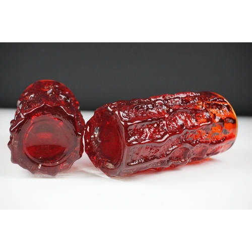 9 - Two Whitefriars Ruby Red cylindrical textured Bark vases, pattern 9689, approx 15cm and 15.5cm high ... 