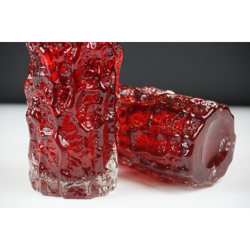 9 - Two Whitefriars Ruby Red cylindrical textured Bark vases, pattern 9689, approx 15cm and 15.5cm high ... 