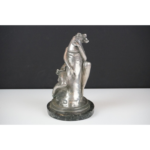 123 - B. Zach ' Erotica ' metal sculpture of an Art Deco lady embracing a phallus, mounted on a polished s... 