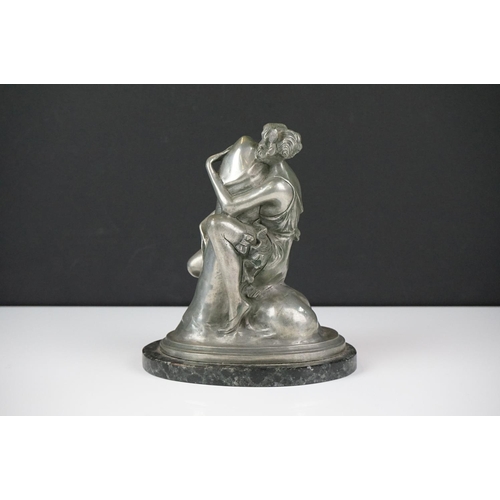 123 - B. Zach ' Erotica ' metal sculpture of an Art Deco lady embracing a phallus, mounted on a polished s... 