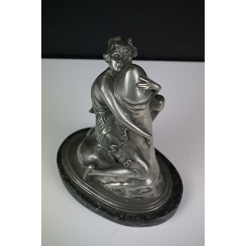 123 - B. Zach ' Erotica ' metal sculpture of an Art Deco lady embracing a phallus, mounted on a polished s... 