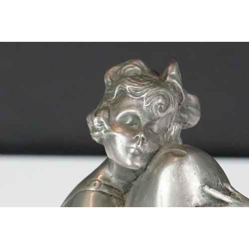 123 - B. Zach ' Erotica ' metal sculpture of an Art Deco lady embracing a phallus, mounted on a polished s... 