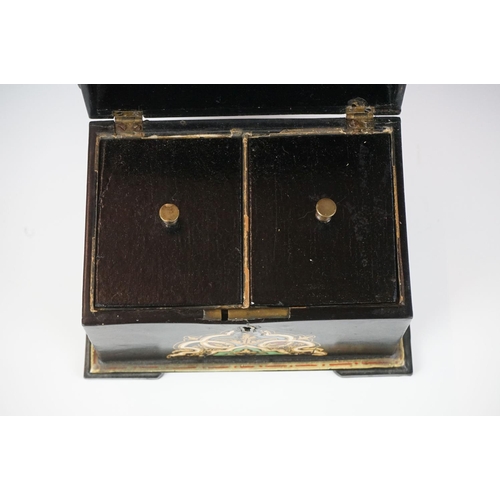 124 - Late 19th / Early 20th Century black lacquered twin compartment tea caddy of rectangular form, with ... 