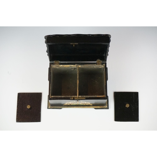 124 - Late 19th / Early 20th Century black lacquered twin compartment tea caddy of rectangular form, with ... 