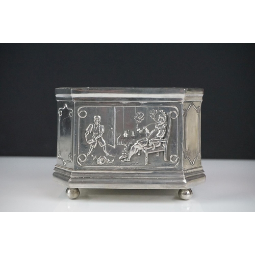 143 - A.E. Williams pewter tea caddy of octagonal form with relief panel decoration depicting a tavern sce... 