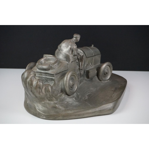 146 - Resin vintage rally car desk stand, the bonnet lifts to reveal space for an inkwell, with indistinct... 