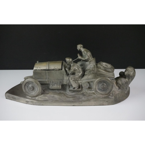 146 - Resin vintage rally car desk stand, the bonnet lifts to reveal space for an inkwell, with indistinct... 