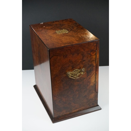 152 - 19th Century burr walnut table top smokers cabinet, with two doors opening to reveal three drawers w... 