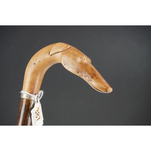 153 - Walking stick with carved handle in the form of a Greyhound head, approx 90cm long