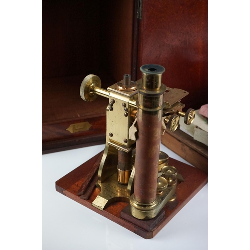 160 - Late 19th Century Baker of London brass monocular Y-stand microscope in wooden case, engraved makers... 