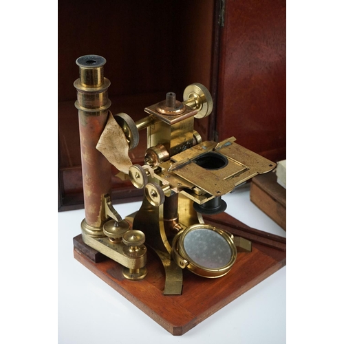 160 - Late 19th Century Baker of London brass monocular Y-stand microscope in wooden case, engraved makers... 