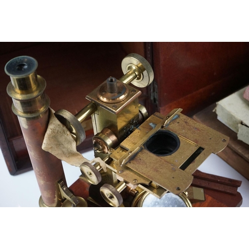 160 - Late 19th Century Baker of London brass monocular Y-stand microscope in wooden case, engraved makers... 