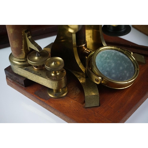 160 - Late 19th Century Baker of London brass monocular Y-stand microscope in wooden case, engraved makers... 