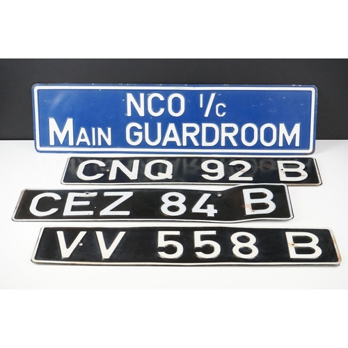 166 - Three Vintage vehicle metal number plates together with a metal guardroom sign, reads ' NCO I/C Main... 