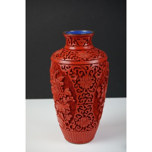 178 - Group of mixed collectables to include a Chinese red carved cinnabar on brass baluster vase with blu... 