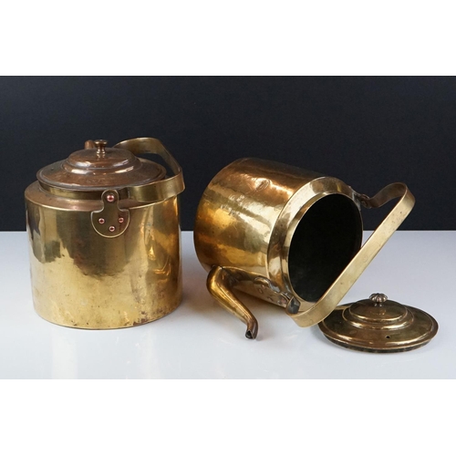 184 - Pair of Russian Brass Kettles with copper rivets, stamped to sides, tallest 26cm