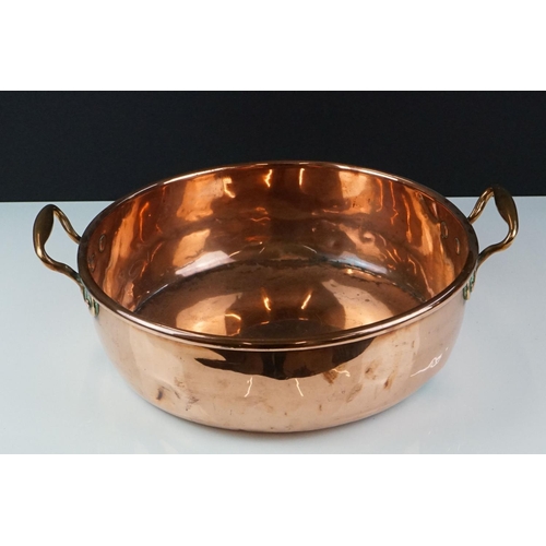 185 - Antique Copper Twin Handled Cooking / Jam Pan, 36cm diameter together with an Antique Copper Skillet... 