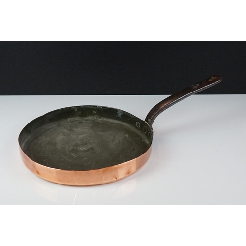 185 - Antique Copper Twin Handled Cooking / Jam Pan, 36cm diameter together with an Antique Copper Skillet... 