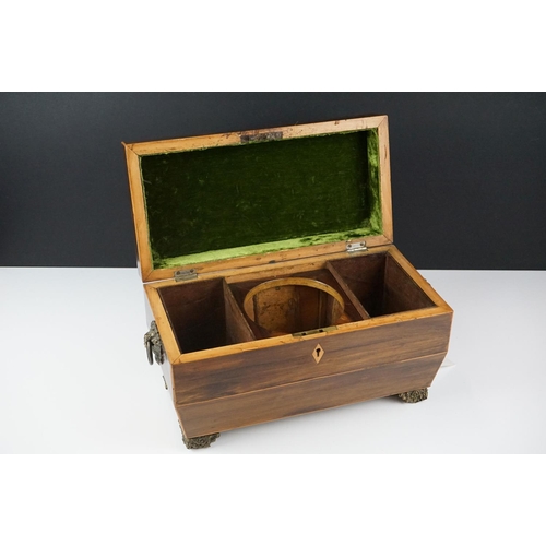 188 - Early 19th century rosewood veneered & satinwood strung sarcophagus tea caddy, with brass foliate fe... 