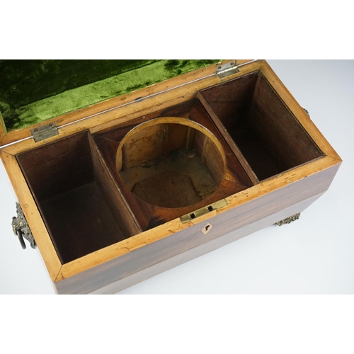 188 - Early 19th century rosewood veneered & satinwood strung sarcophagus tea caddy, with brass foliate fe... 