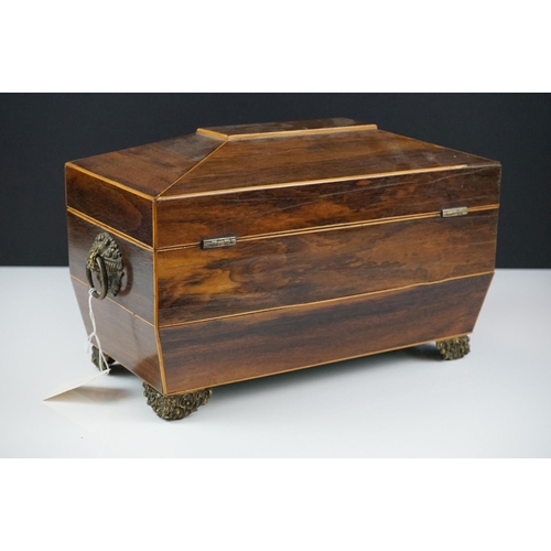 188 - Early 19th century rosewood veneered & satinwood strung sarcophagus tea caddy, with brass foliate fe... 