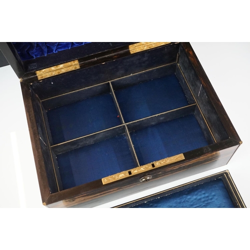 190 - Victorian coromandel wood jewellery box with brass inlay & blue velvet interior