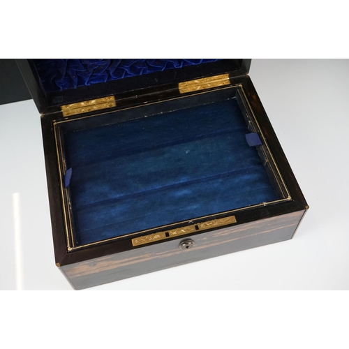 190 - Victorian coromandel wood jewellery box with brass inlay & blue velvet interior