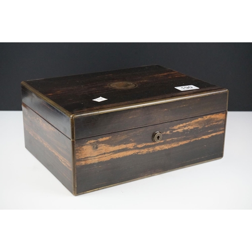 190 - Victorian coromandel wood jewellery box with brass inlay & blue velvet interior