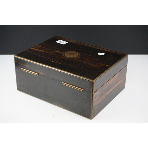 190 - Victorian coromandel wood jewellery box with brass inlay & blue velvet interior