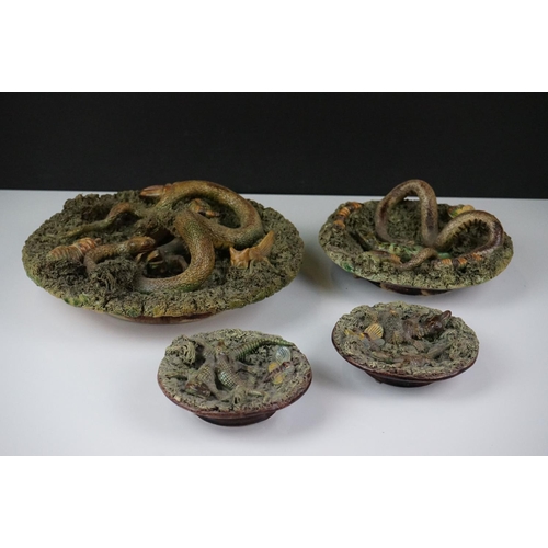 81 - Two Portuguese ' Jose A Cunha ' Palissy Plates , both decorated with Snakes, Lizards and Bugs, large... 