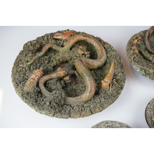 81 - Two Portuguese ' Jose A Cunha ' Palissy Plates , both decorated with Snakes, Lizards and Bugs, large... 