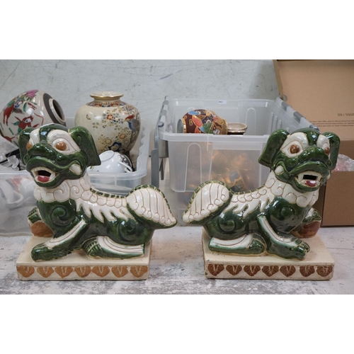 115 - Large collection of Oriental ceramics to include a pair of Chinese pottery foo dogs raised on rectan... 