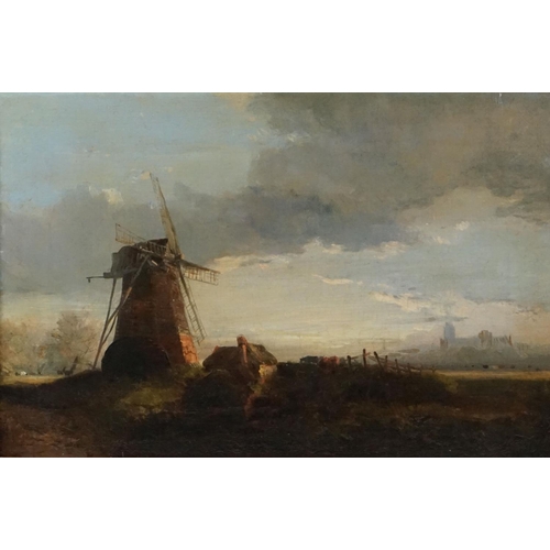 121 - Thomas Lound (1803-1861, Norwich School) Oil on Canvas of Windmill outside of Ely, marked Lound to g... 