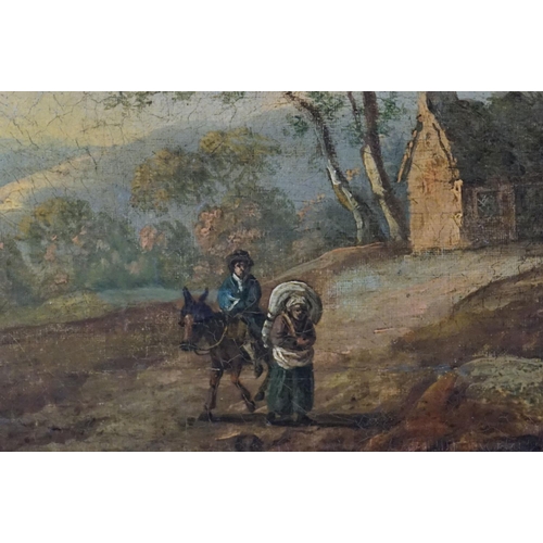 144 - 19th century Oil Painting on Canvas, Landscape with Man, Woman & Horse to foreground, indistinctly e... 