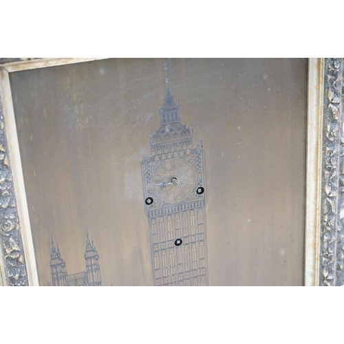 151a - Brass Picture Clock with etched detail of Big Ben, London, three winding holes with key, 26cm x 35cm... 