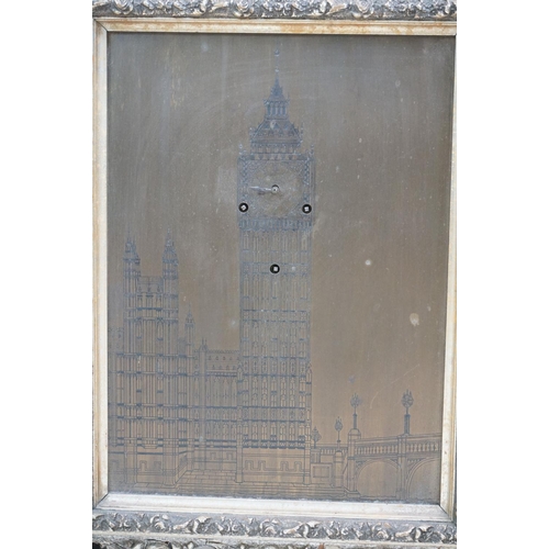 151a - Brass Picture Clock with etched detail of Big Ben, London, three winding holes with key, 26cm x 35cm... 