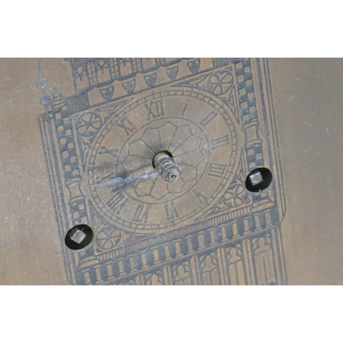 151a - Brass Picture Clock with etched detail of Big Ben, London, three winding holes with key, 26cm x 35cm... 