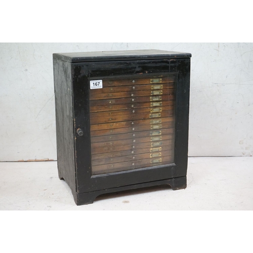 167 - Late 19th / Early 20th century painted wooden microscope slide cabinet, the glazed door opening to r... 