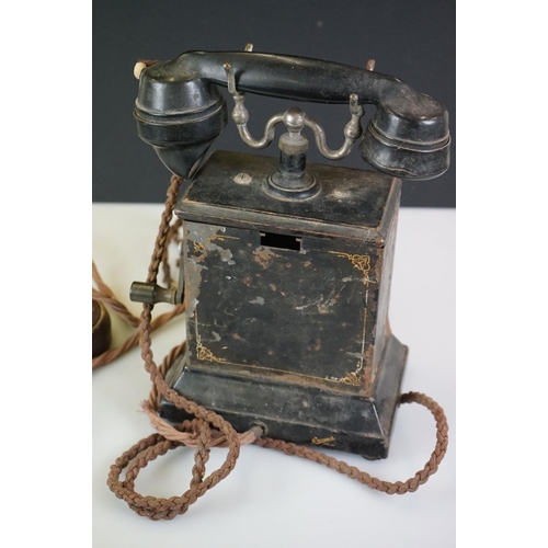 176 - Early 20th Century Danish Ericsson tin plate desk telephone with Bakelite receiver and side crank ha... 