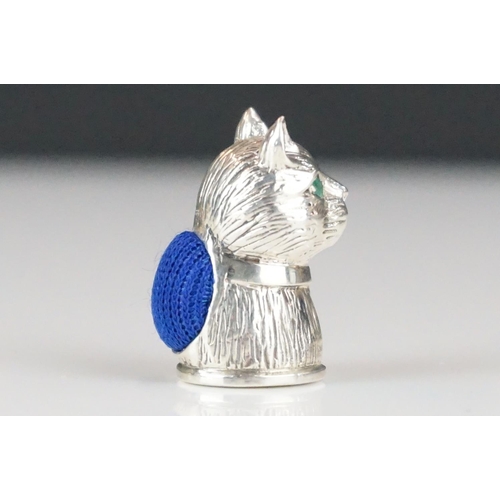 283 - Silver cat pincushion with emerald eyes