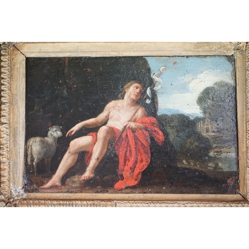 304 - 19th century Oil Painting on Copper, Classical Scene of a Seated Man with a Sheep, 14cm x 9cm, with ... 