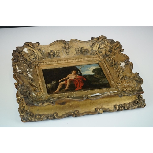 304 - 19th century Oil Painting on Copper, Classical Scene of a Seated Man with a Sheep, 14cm x 9cm, with ... 